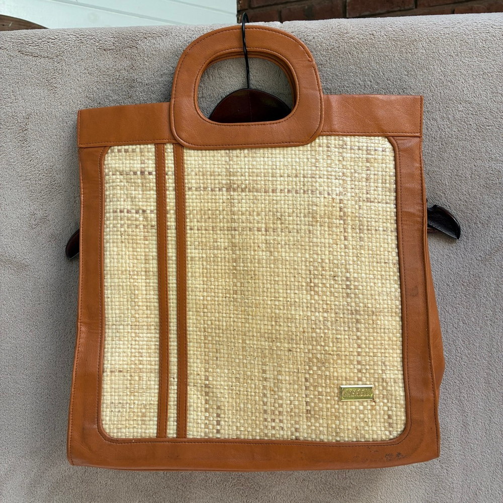Women's Cabrelli Brown Beige Woven Leather Look Trim Tote Bag One Size